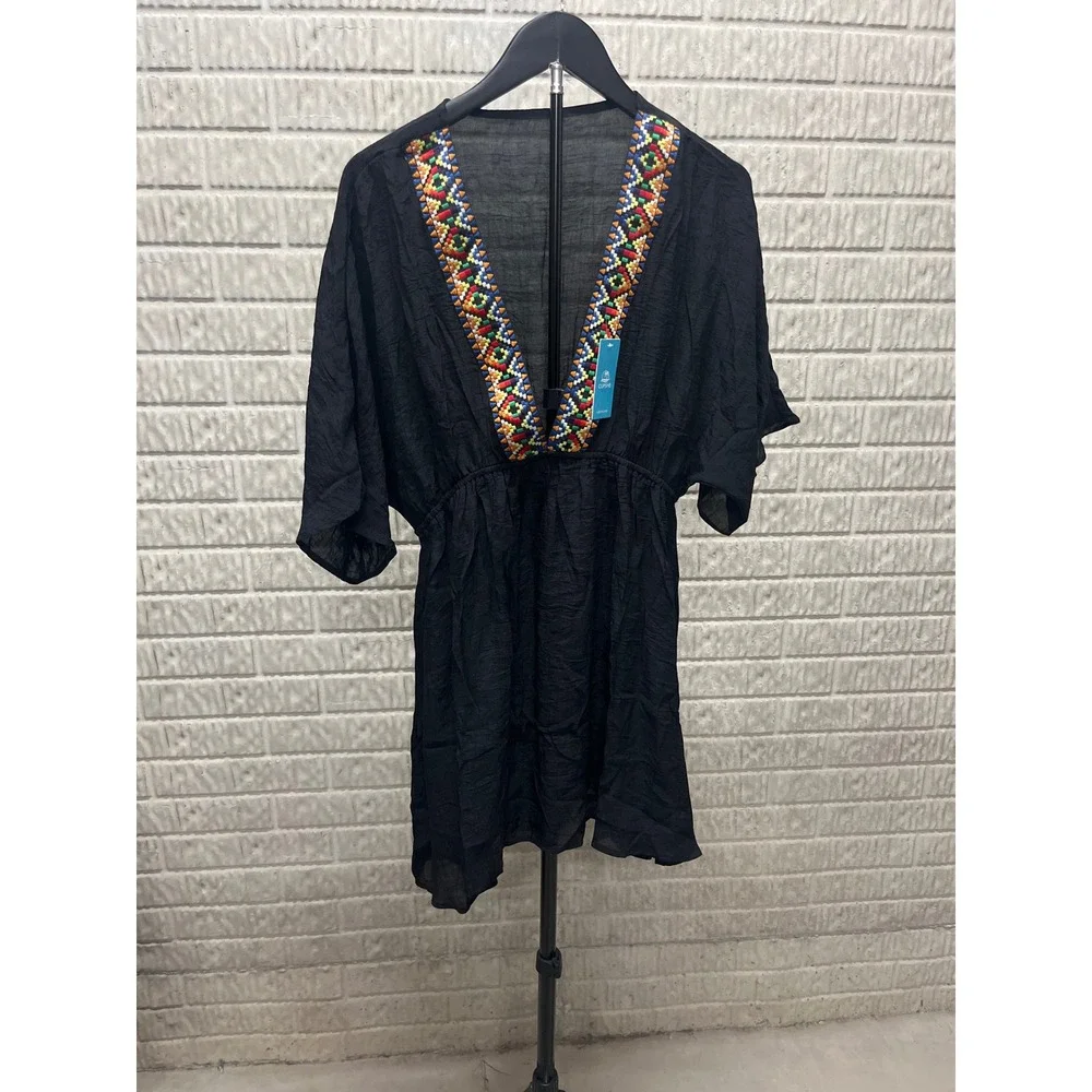 Cupshe Black Embroidered V-Neck Swim Cover Up Dress Boho Beach Mini CAA07B3M007